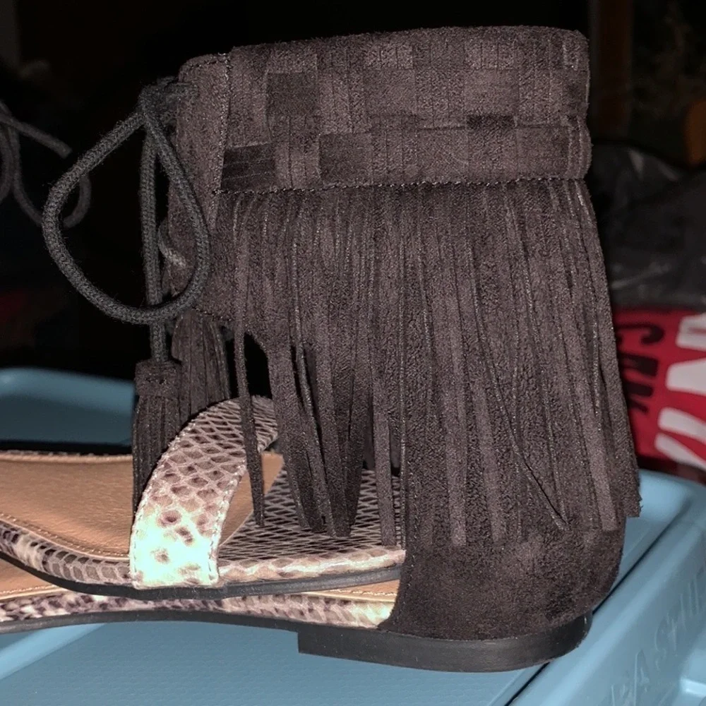 Indigo Black Fringe Sandals Size 8